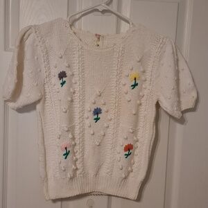 Handknit creamy white sz S, popcorn knit sweater with floral embroidery.
